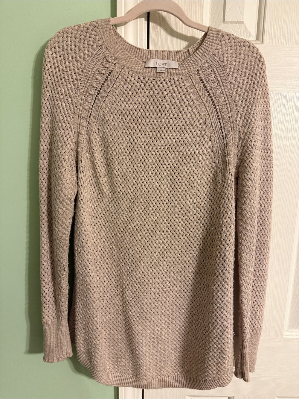 LOFT Neutral Taupe Waffle-Knit Crewneck Sweater